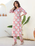 Janasya Women's Pink Pure Cotton Floral Printed Straight Kurta Pant Set